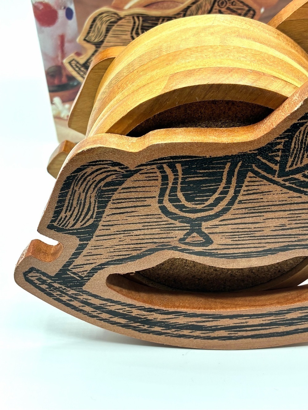 Vintage Via Eclectic Kitchen Rocking Horse Wood Coaster Set Cork 6pc - Picture 3 of 15